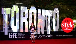 Me in front of the Globe Style red carpet